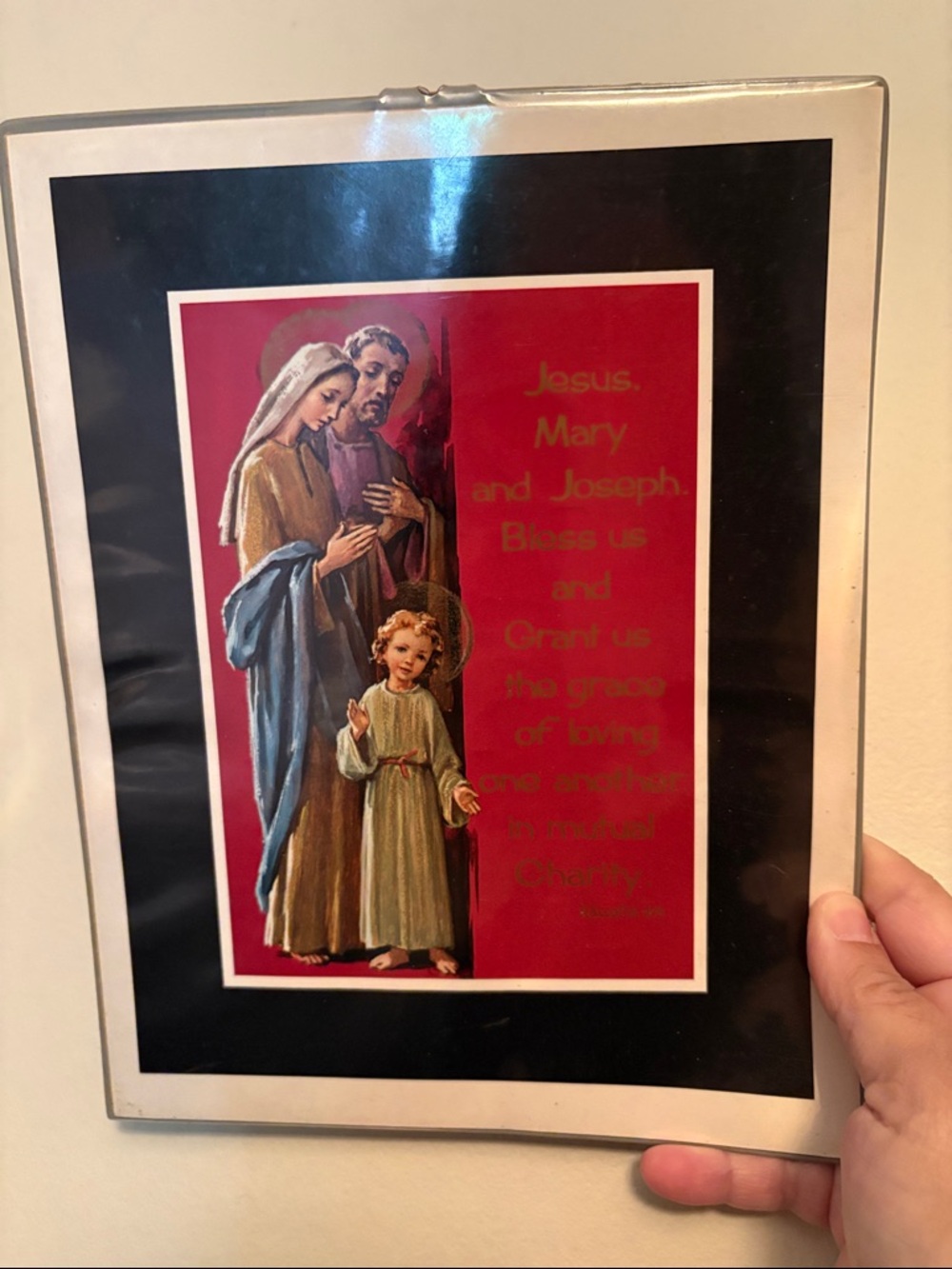 Vintage Religious Holy Family Prayer Print - Red Background sealed in plastic